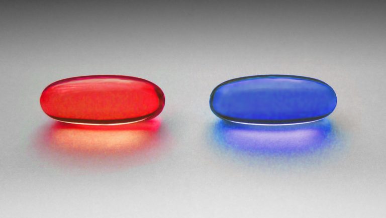 Red and blue pill reminding of a simulation or the matrix